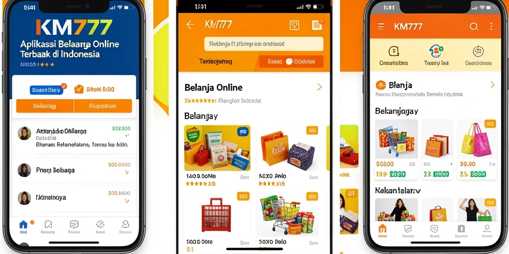 Tampilan antarmuka aplikasi KM777 untuk belanja online.